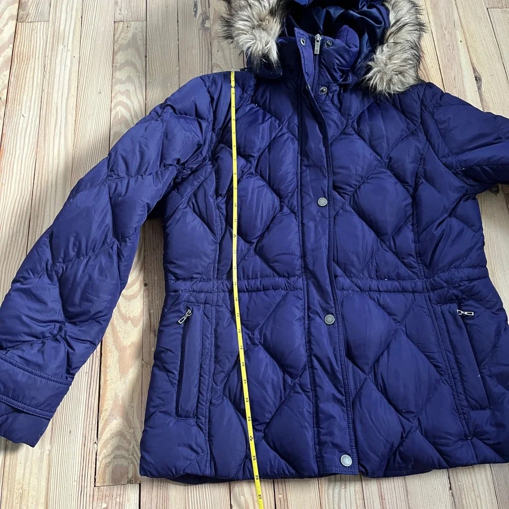 Lands End Women L Purple‎ Diamond Quilted Down Puffer Jacket Faux Fur Hood Lined